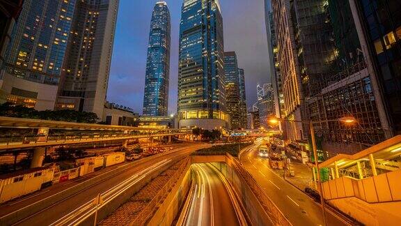 香港市景、中央车站、香港大厦下的道路及隧道红绿灯白天至晚上的4K延时画面