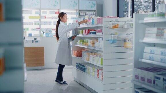 药店:美丽的亚洲药剂师使用数字平板电脑检查库存的药物药物维生素保健产品的货架上药店专业药剂师