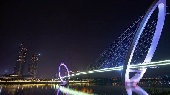 南京夜景照明著名的国际青年文化中心滨江步行桥延时全景4k中国