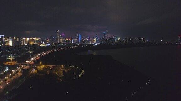 深圳夜景福田区城市和深圳湾中国空中拍摄