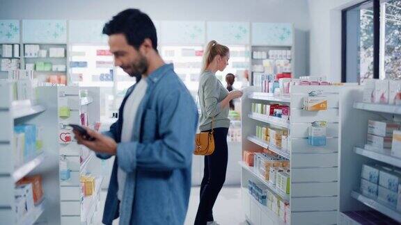 大摩德药店:多民族顾客浏览、搜索、比较药品包装、药盒、药丸维生素、补品、购买保健产品