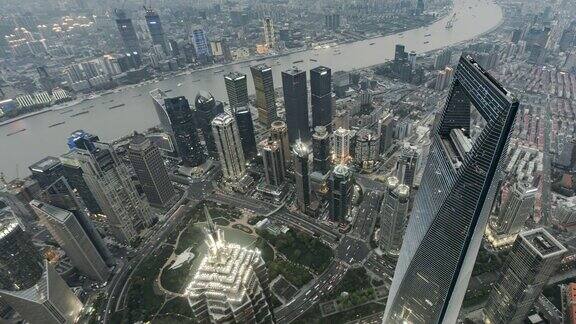 高视角上海市中心白天到黄昏过渡上海中国
