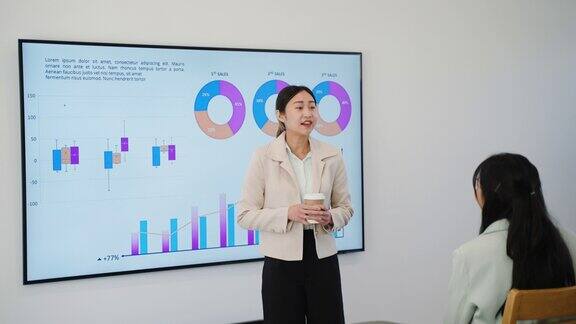 年轻的成年女性理财顾问一边在会议室向客户授课和演示一边在大电脑屏幕上用图表向客户解释投资