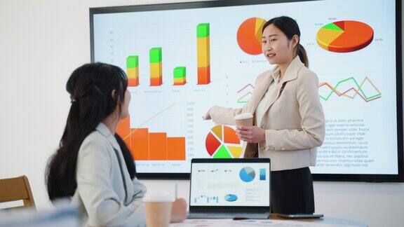 年轻的成年亚洲女性在会议室用大屏幕和她的客户展示商业金融