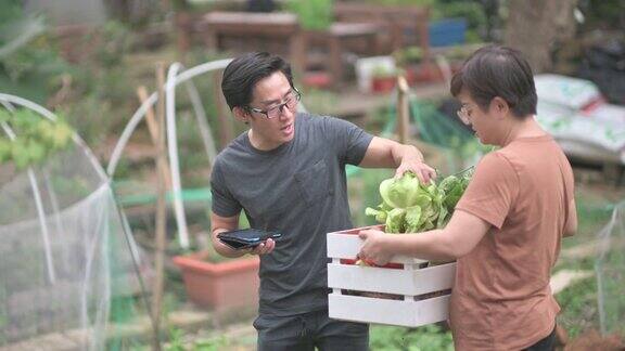 可持续的生活方式亚洲华人中年男子在后院的菜园向他的伴侣展示收获的本地农产品
