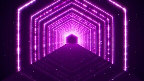 抽象数字几何背景与未来隧道发光霓虹灯六边形形状