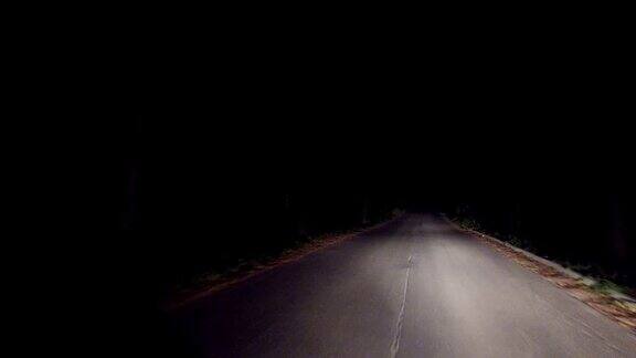 夜间驾驶在乡村森林的乡村道路上