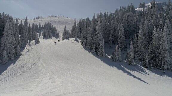阳光明媚的冬日滑雪胜地的新雪