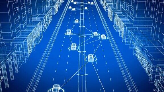 智能汽车系统与抽象城市中所有交通工具的数据无缝交换数字网络中连接街道上所有车辆的控制系统的闭环三维动画