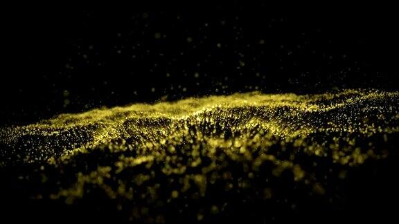 4K波动抽象粒子金尘埃与星星在黑色背景背景金色移动无缝循环
