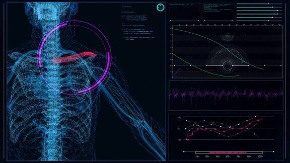 未来实验室内部屏幕与人体模型扫描虚拟病人的肩部损伤近距离