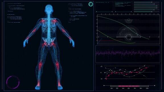 未来实验室内部屏幕与人体模型扫描虚拟病人的关节损伤