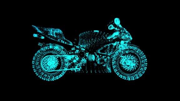 旋转的摩托车360度摩托车模型中排列的发光粒子无缝循环运动动画背景蓝色青色的颜色