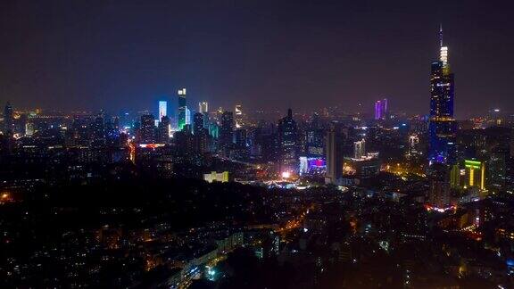 夜间照明南京城市飞行市中心空中延时全景4k中国