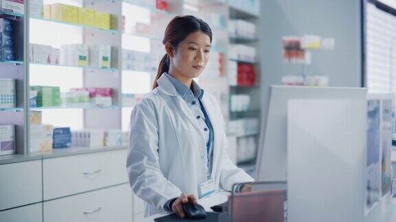 药店:美丽的亚洲药剂师使用结帐柜台电脑做库存检查在线处方药品包装药物维生素盒子补充剂保健产品