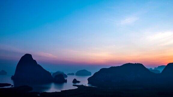 延时拍摄的日出在岛上的观点SametNang社攀雅湾泰国