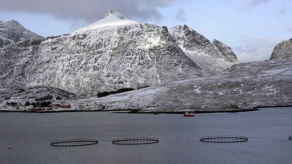 挪威罗浮敦岛海边的雪山从左到右拍摄渔船在海面上奔跑
