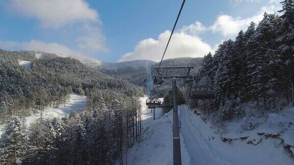 早上在积雪覆盖的松树之间乘坐滑雪缆车观点寒假