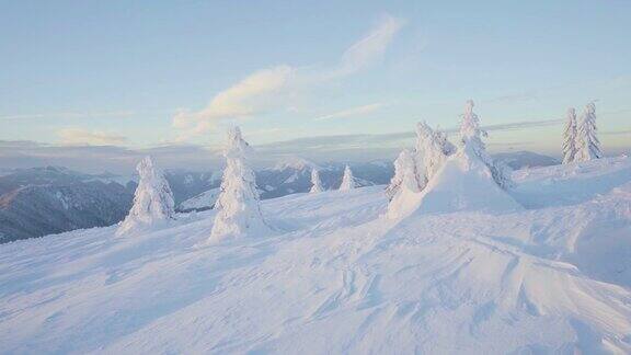 冬季日落时冰雪覆盖的景观和山上的树木