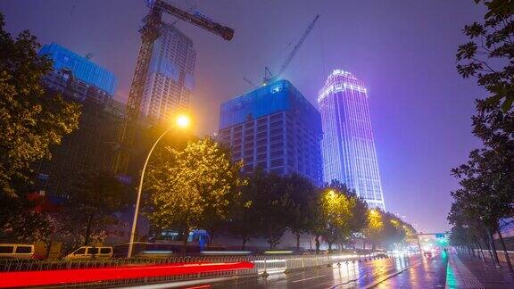 武汉城市夜景时间照亮市中心海湾建设交通道路全景4k时间流逝中国
