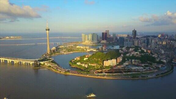 日落时分珠海湾著名的澳门城市景观全景4k中国