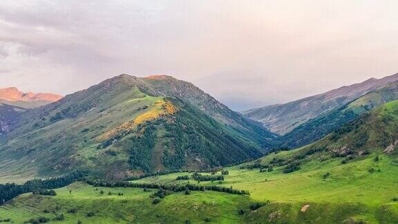 空中拍摄的新疆绿色草原和山地景观