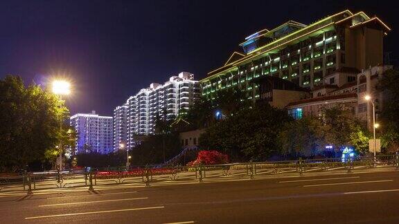 夜光三亚交通街道酒店全景4k海南岛中国