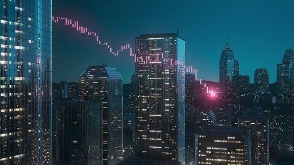 在摩天大楼之间出现的股票图表-衰退熊市崩溃-金融分析交易投资