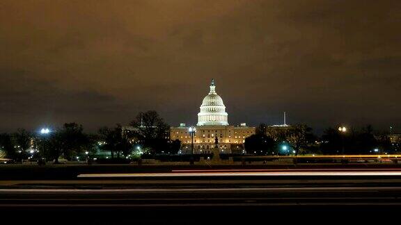 华盛顿美国国会大厦的夜晚时光流逝