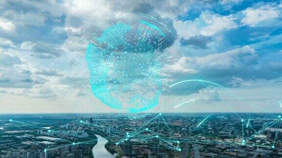空中延时城市景观在夏季白天与未来电信元素智能城市概念莫斯科在夏季鸟瞰图