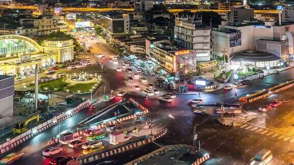 鸟瞰图曼谷中央车站的交通延时