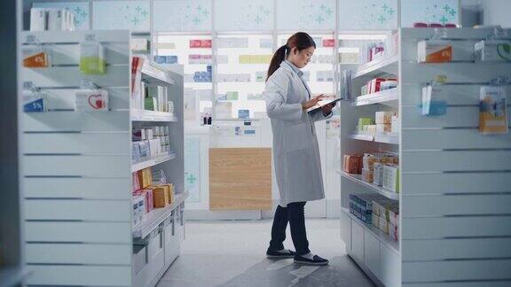 药店:美丽的中国药剂师使用数字平板电脑检查库存的药品药物维生素保健产品的货架上药店专业药剂师