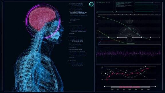 未来实验室内部屏幕与人体模型扫描虚拟病人的脑部损伤