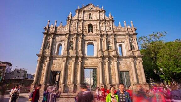 中国日落之光澳门著名的圣保罗遗址拥挤的全景4k时间的流逝