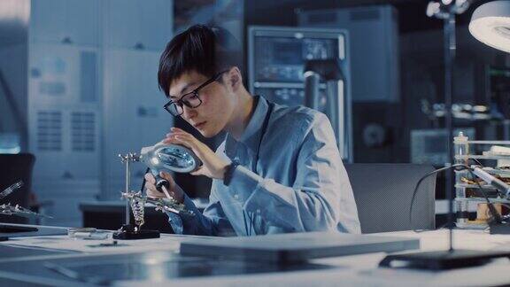 身穿蓝色衬衫的日本专业电子开发工程师正在高科技研究实验室用现代计算机设备焊接电路板