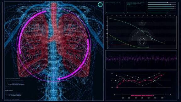 未来实验室内部屏幕与人体模型扫描虚拟病人的胸部损伤