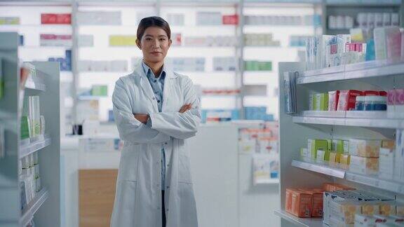 药店:美丽的亚洲药剂师的肖像穿着白大褂双臂交叉站着看着相机迷人地微笑在她的摆满药盒的货架后面