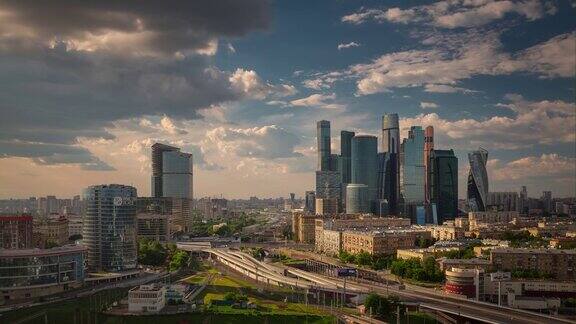 日落黄昏莫斯科城市交通道路航拍全景4k时间流逝俄罗斯