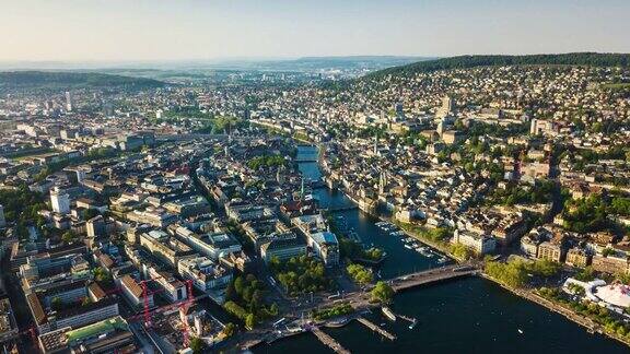夏日苏黎世城市景观湖畔航空全景4k时间流逝瑞士