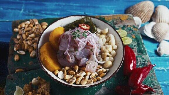 秘鲁食物酸橘汁腌鱼和鱿鱼