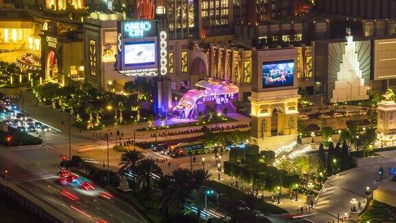 中国澳门著名的夜生活十字路口酒店街道全景4k时间推移