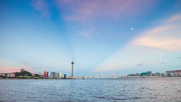 中国日落珠海湾澳门城著名塔海岸线全景4k时间