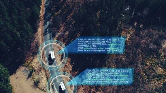 直升机拍摄的自动驾驶卡车在森林公路上驾驶与技术助手跟踪信息显示细节视觉效果剪辑
