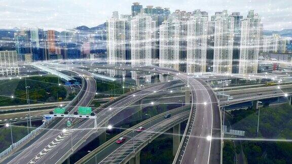 智慧城市空中并网全球创新中的数据演化与数字转型未来技术抽象联网物联网城市景观和图形网络基础设施覆盖