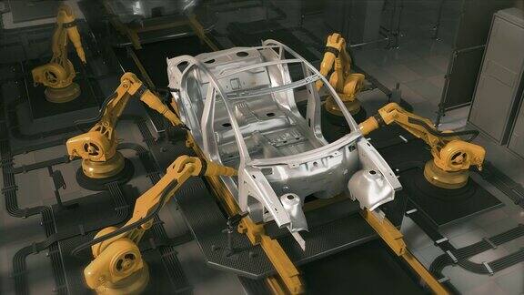 空中汽车工厂3D概念:自动化机械臂装配线制造高科技绿色能源电动汽车施工焊接工业生产输送机