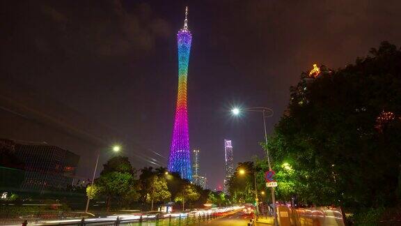 广州城市夜景时间著名塔楼灯光秀交通、街道延时全景4k中国