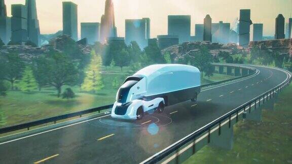 未来自动驾驶电动卡车在高速公路上行驶传感器扫描周围环境