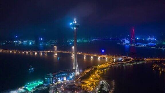 夜间照明澳门城著名塔交通湾路航拍全景4k时间跨度中国