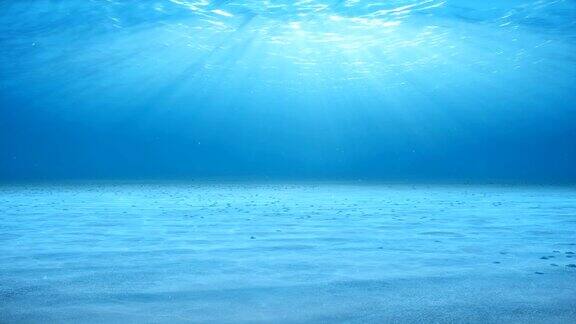 阳光从上面照射进来穿透了深蓝色的海水海床中的焦散效应在水下阳光光束小气泡向上移动无缝循环3D动画4K