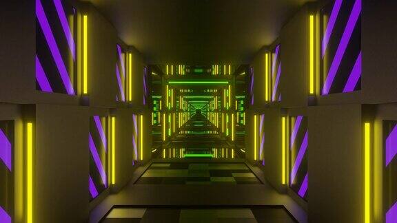 绿色和黄色和紫色闪耀霓虹灯镜像隧道背景VJ环路在4K